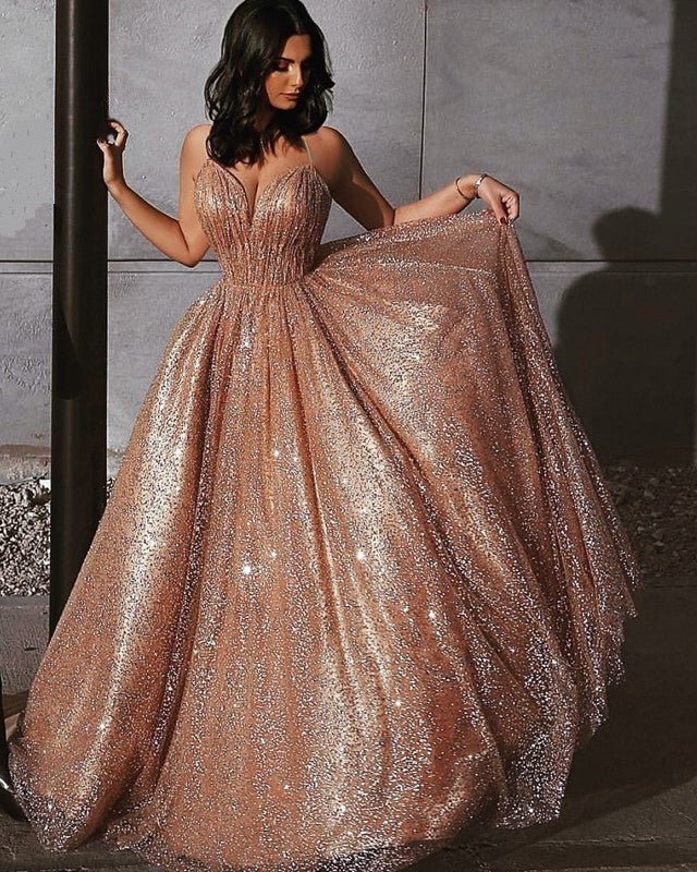 Glitter Tulle Prom Dresses V Neck Floor ...